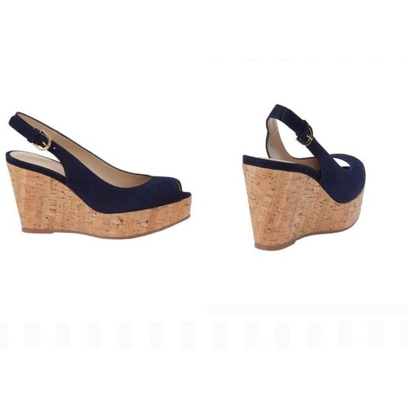 Stuart Weitzman Jean Blue Suede Slingback Cork Wedge Heel Sandal Size 8 - Picture 2 of 14
